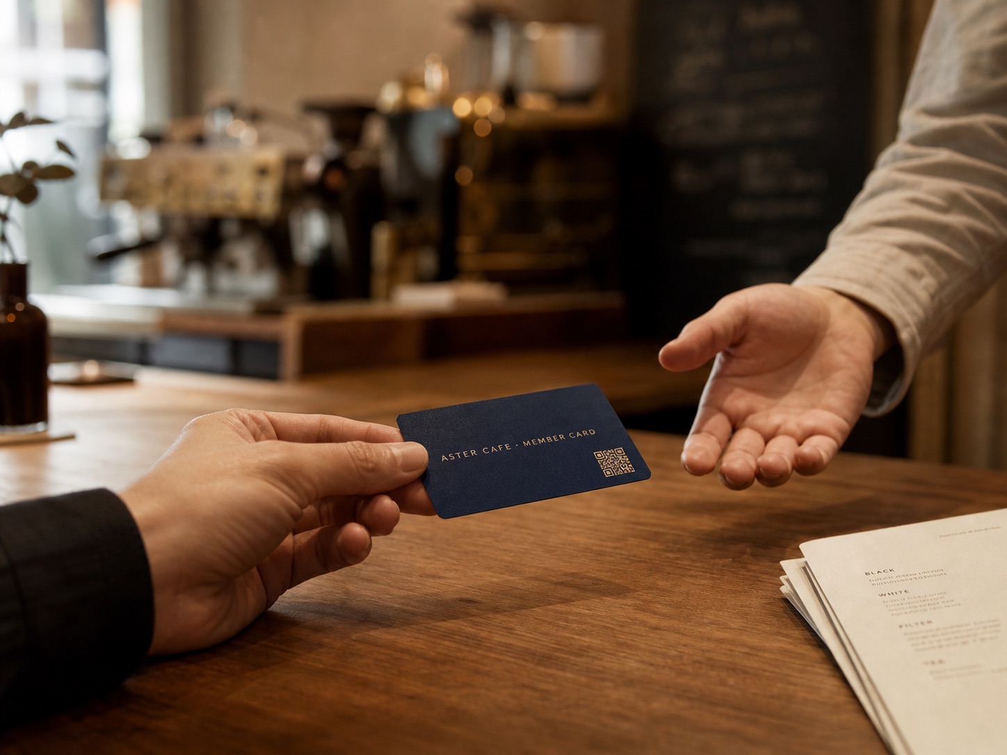 A branded NFC + QR loyalty card being handed across a cafe counter.