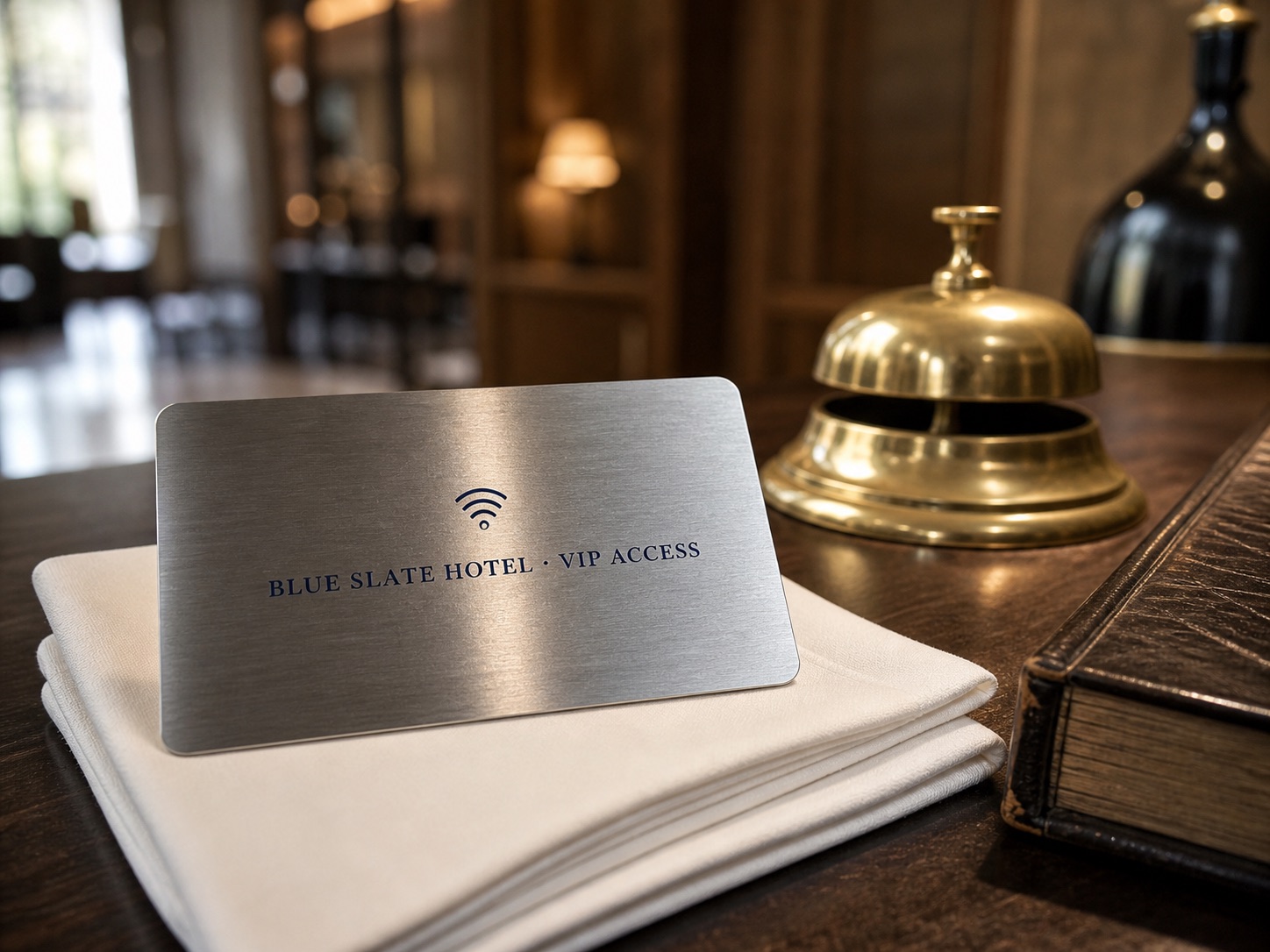 Brushed-metal VIP NFC card on a hotel counter.