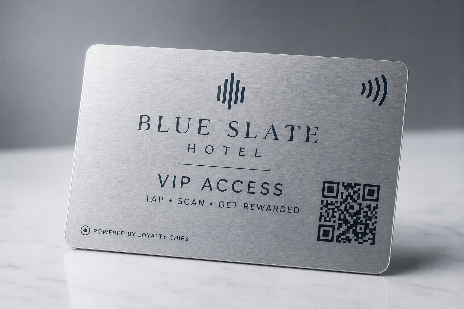 Blue Slate Hotel Gold or Silver brushed-metal VIP card product photo.