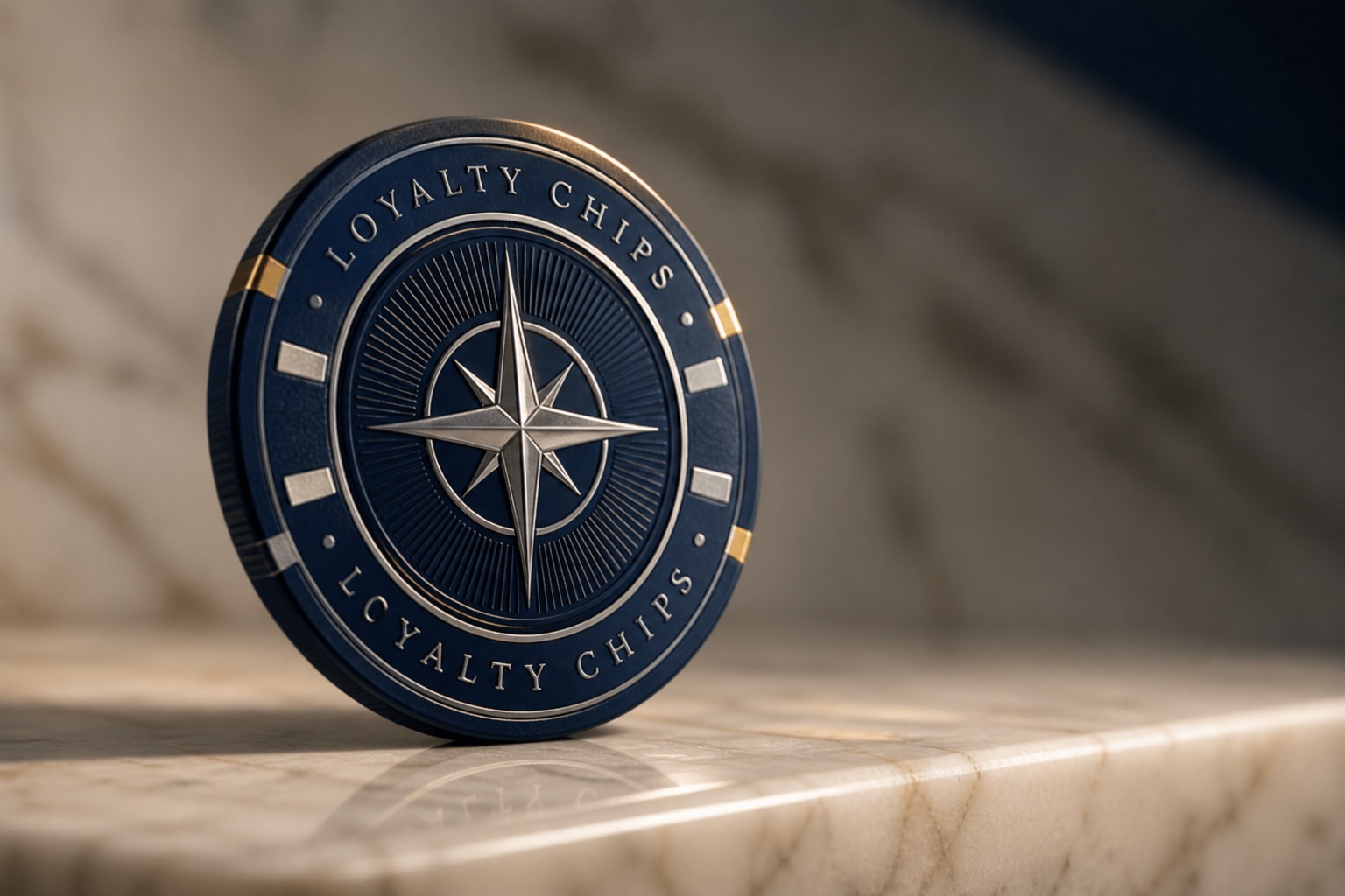 Branded Loyalty Chip photographed upright on a marble counter.