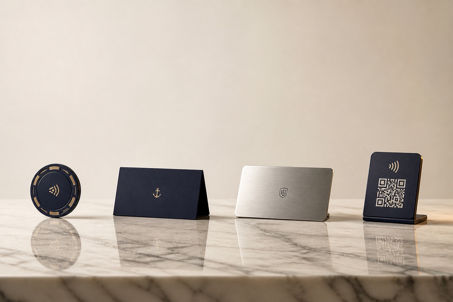 Loyalty Chips product family on a marble counter: NFC chip, tabletop stand, metal VIP card, and tap-or-scan stand.